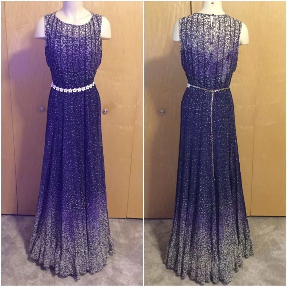 Rickie Freeman for Teri Jon Ombre Navy to Silver Beaded Maxi Dress
